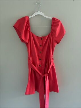 Shop These Three Boutique Coral Red Button-Front Tie Mini Dress